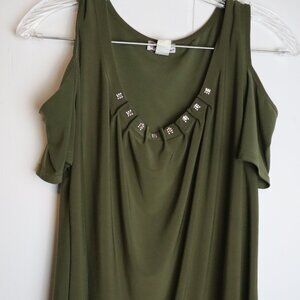Blossom by P Cold Shoulder Sparkle Neckline Womens S Top Olive Green Fairycore